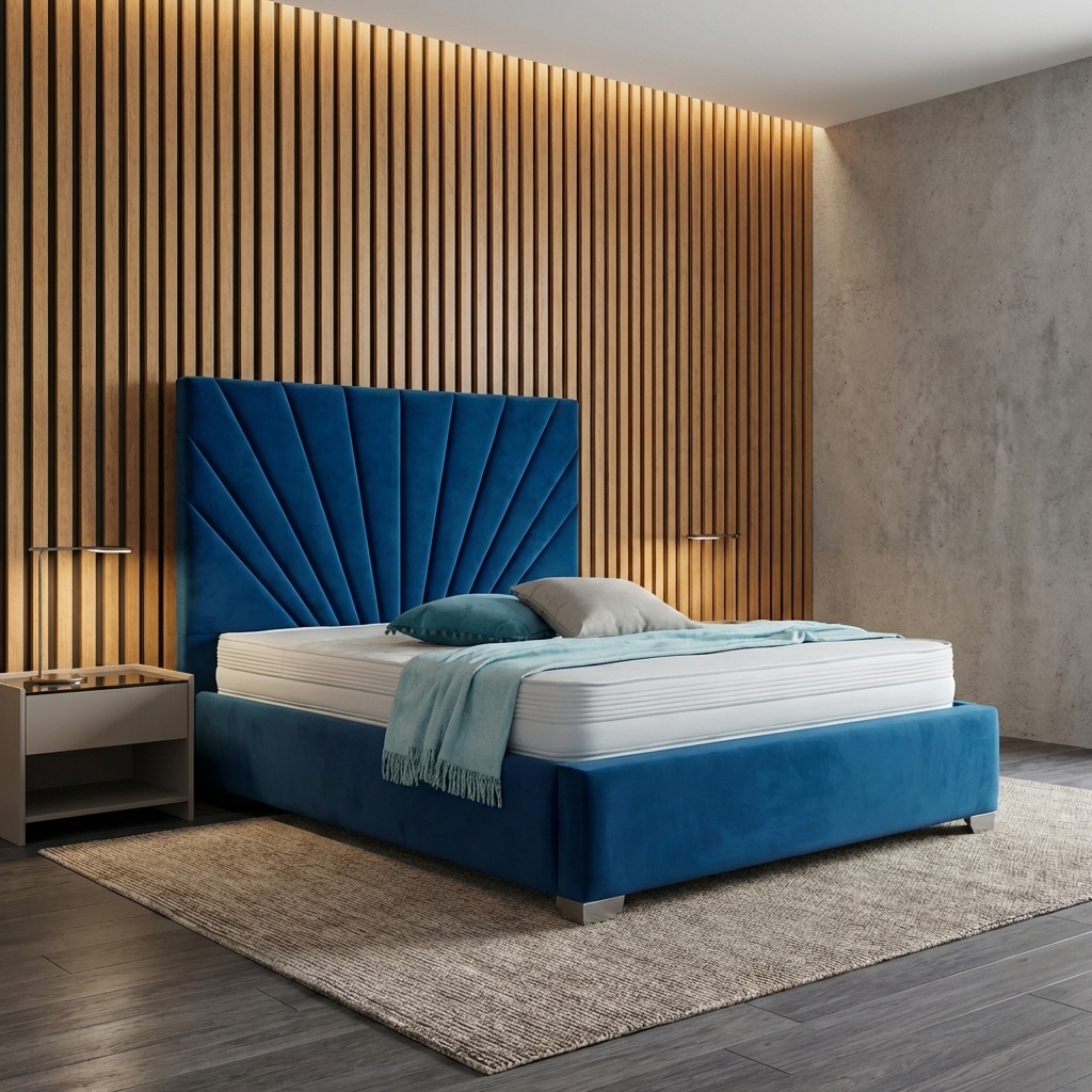 Carlow bed frame — sunburst fan pleated headboard — available at Portsmouth Furniture Centre