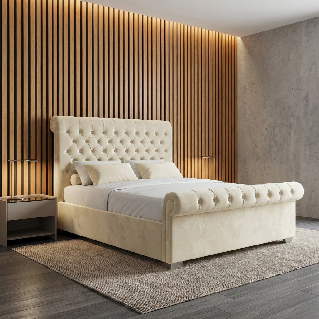 Park Lane bed frame — tall buttoned headboard with notched corners — available at Portsmouth Furniture Centre