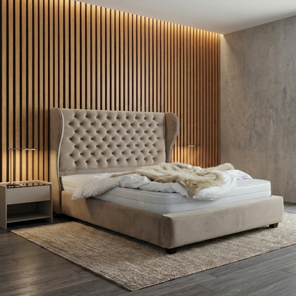 Trafford bed frame — horizontal panel stitching with wide headboard — available at Portsmouth Furniture Centre