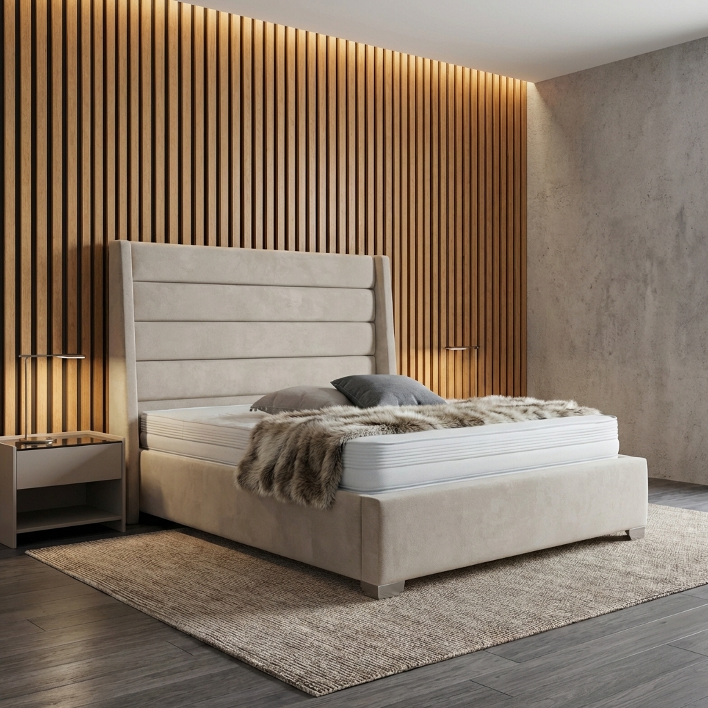 Valentine bed frame — vertical channel stitching with winged headboard — available at Portsmouth Furniture Centre