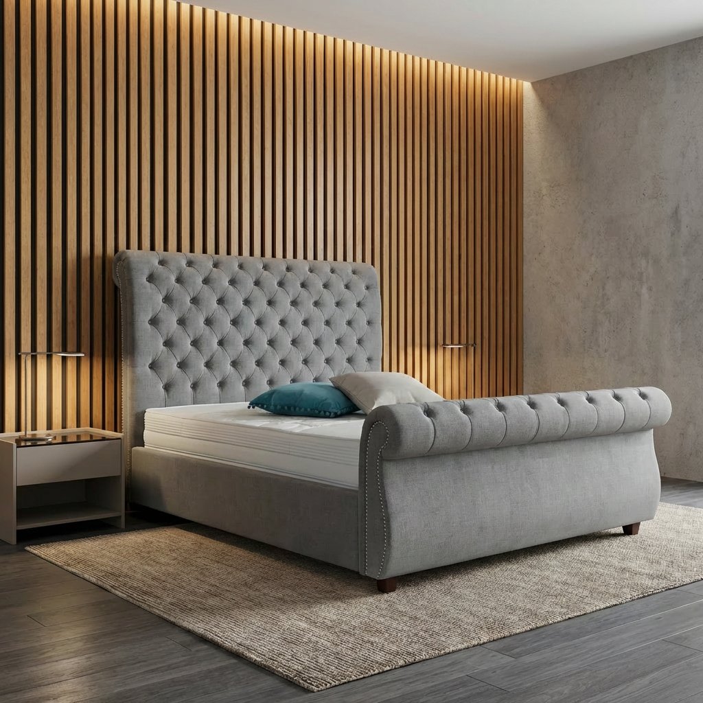 Cambridge bed frame — classic sleigh bed with deep button tufting — available at Portsmouth Furniture Centre