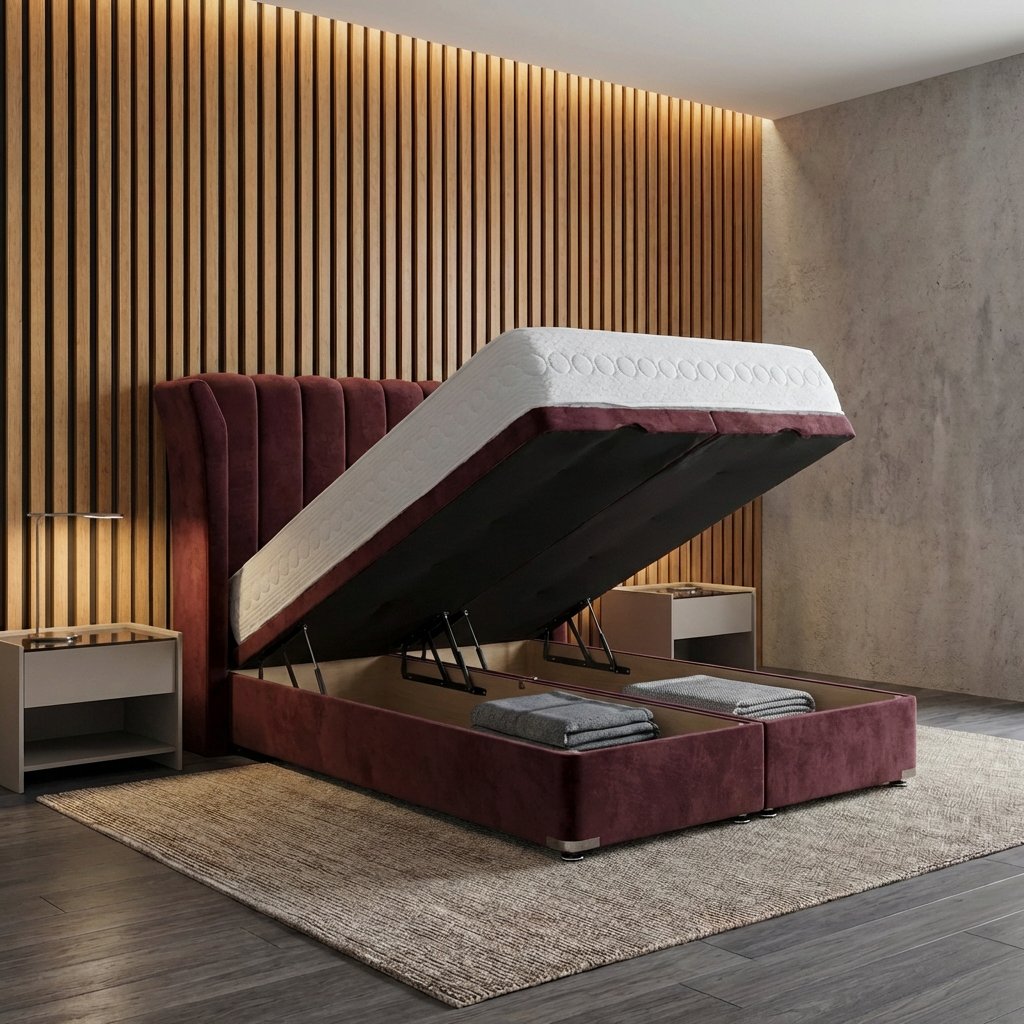 Front lift gas lift ottoman bed showing storage space underneath
