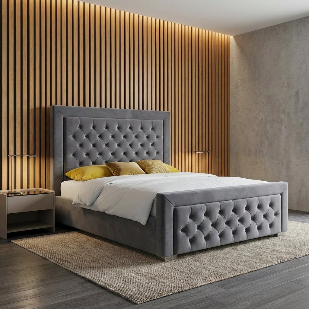 Heaven bed frame — deep buttoned headboard with buttoned footboard — available at Portsmouth Furniture Centre