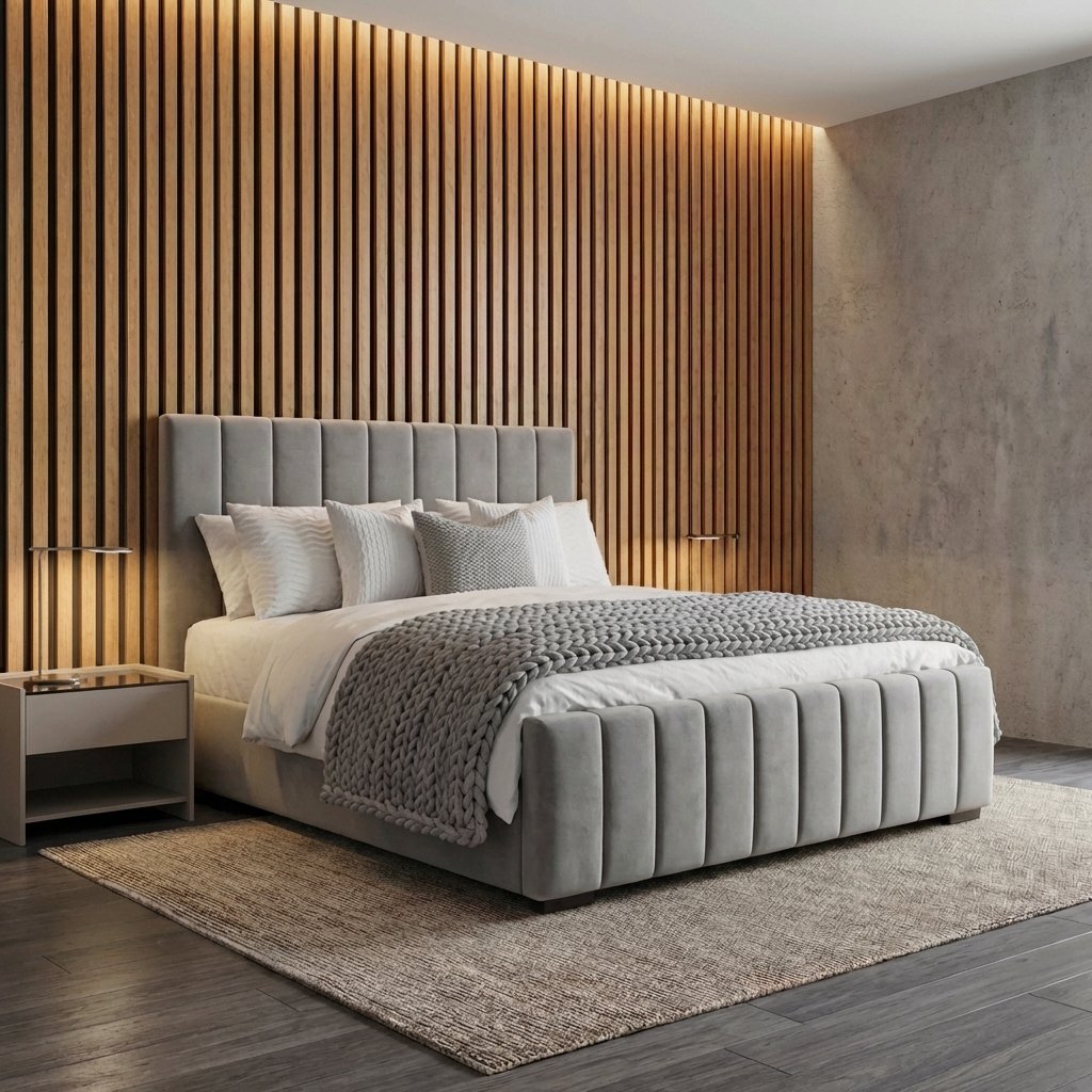 Manhattan bed frame — low-profile contemporary with vertical channel stitching — available at Portsmouth Furniture Centre