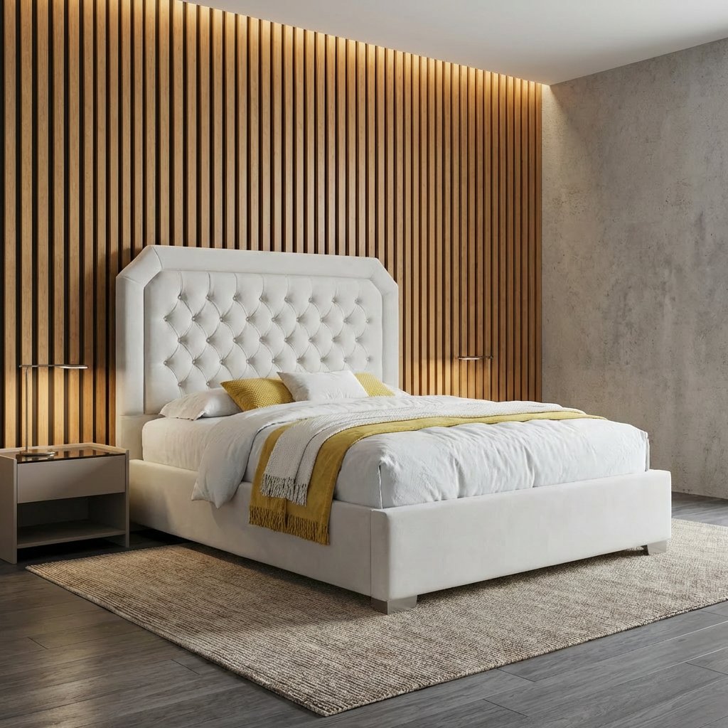 Milford bed frame — winged headboard with fan channel stitching — available at Portsmouth Furniture Centre