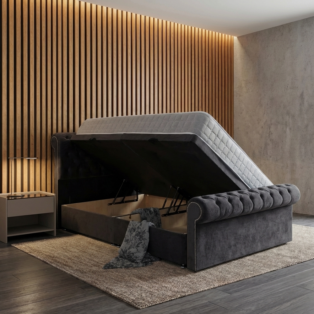 Side lift ottoman bed with chesterfield footboard showing gas lift storage