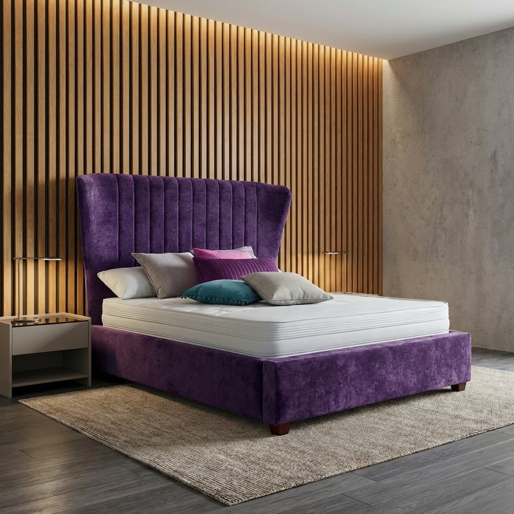 Swinford bed frame — winged buttoned headboard with elegant curves — available at Portsmouth Furniture Centre