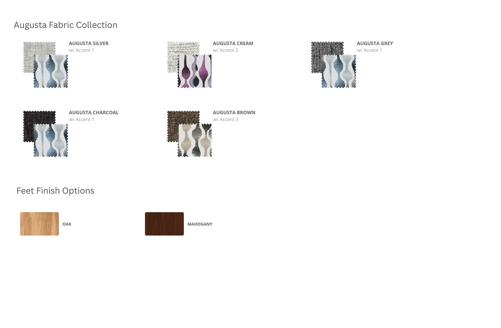 Keaton Augusta Fabric Collection — Silver, Cream, Grey, Charcoal, Brown with Oak or Mahogany feet
